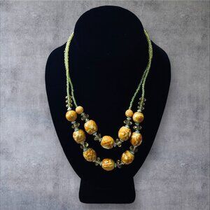 Double-Strand Beaded Necklace With Yellow & Orange Marbled Beads